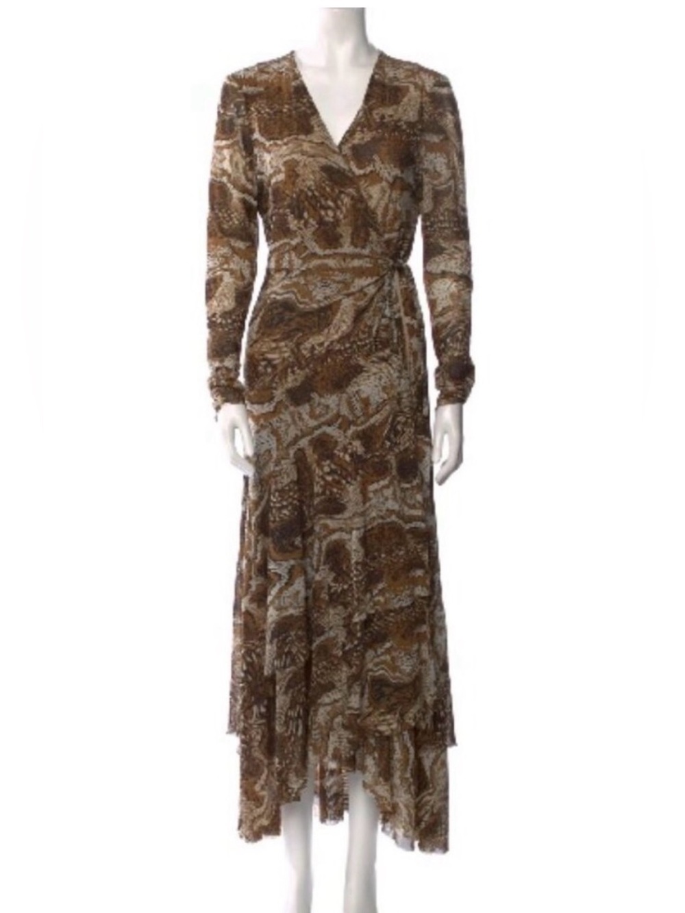 Ganni Brown Printed Wrap Maxi Dress